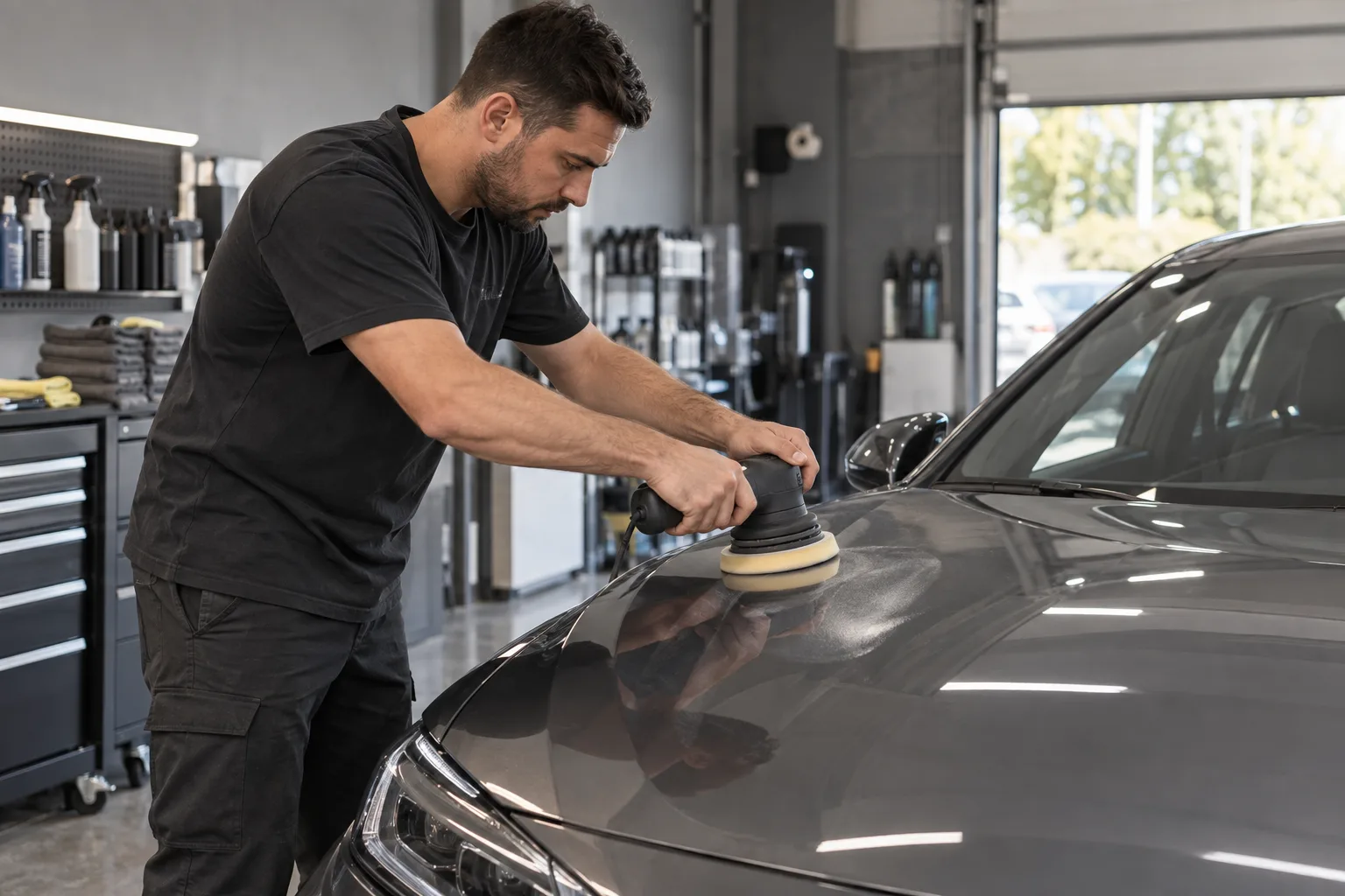 A detailer carefully polishing a car bonnet in a workshop
